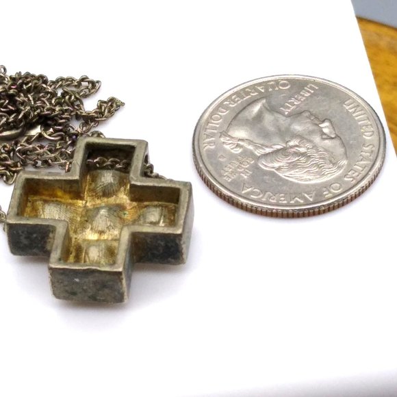 Distressed Crystal Cross Pendant Necklace, Retro Grunge with Square Cut Stones o - Picture 4 of 5
